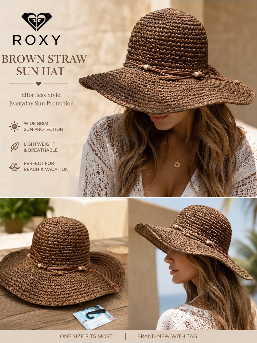 Roxy Brown Braided Straw Sun Hat with Bead Accent